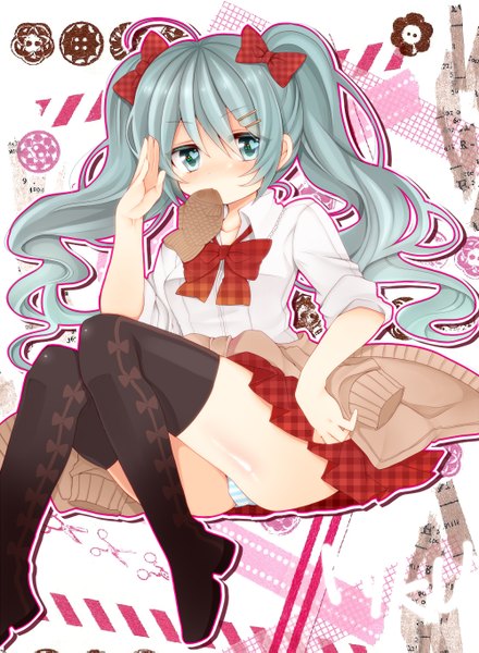 Anime picture 1000x1363 with vocaloid hatsune miku norio kkk long hair tall image blush light erotic twintails aqua eyes aqua hair pantyshot pantyshot sitting girl thighhighs skirt uniform bow black thighhighs hair bow school uniform