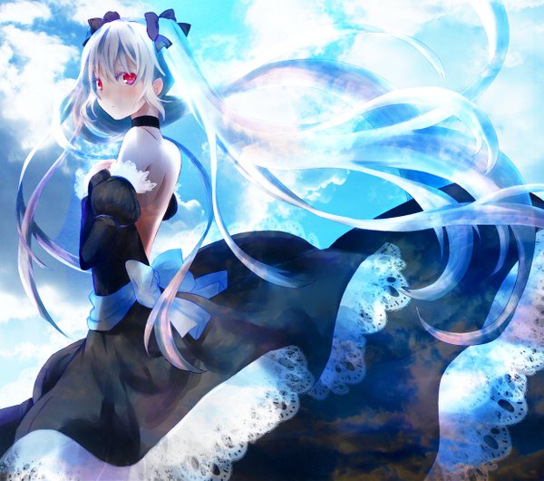 Anime picture 1239x1095 with vocaloid hatsune miku single long hair blush red eyes twintails bare shoulders looking back aqua hair girl dress bow hair bow detached sleeves