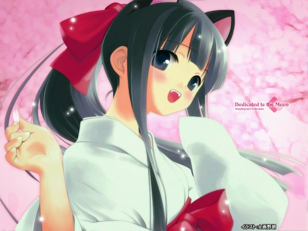Anime picture 1024x768 with tsukuyomi moon phase hazuki gayarou animal ears japanese clothes cat girl miko girl