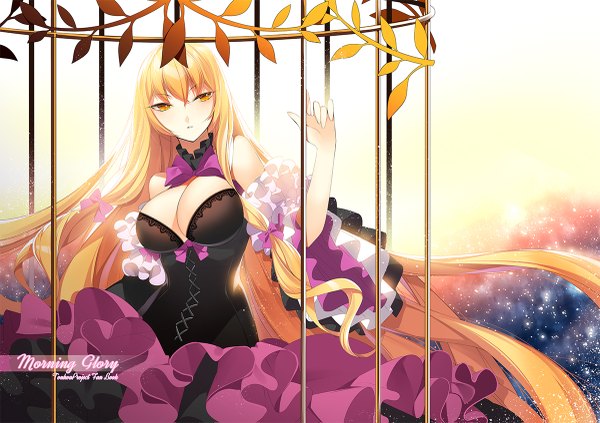 Anime picture 1200x847 with touhou yakumo yukari roh nam kyung single looking at viewer breasts light erotic blonde hair yellow eyes cleavage very long hair girl dress cage