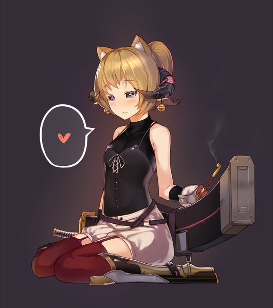 Anime picture 1416x1600 with original hitoshi single tall image looking at viewer blush fringe short hair blonde hair sitting purple eyes animal ears cat ears cat girl sleeveless wariza dark background smoke black sclera girl