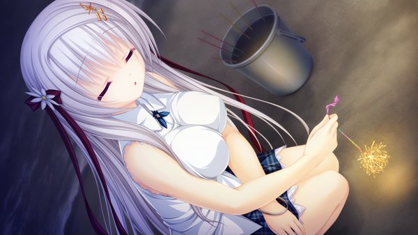 Anime picture 1920x1080 with justy nasty whirlpool (studio) onose mana mikagami mamizu long hair highres light erotic wide image game cg white hair eyes closed girl skirt hair ornament ribbon (ribbons) hair ribbon miniskirt shirt