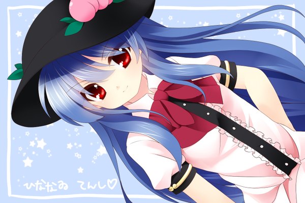 Anime picture 1500x1000 with touhou hinanawi tenshi etou (cherry7) single long hair smile red eyes blue hair girl hat peach