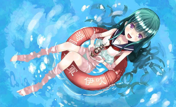 Anime picture 1200x736 with kanipanda long hair open mouth wide image purple eyes green hair afloat girl swimsuit bikini sailor suit swim ring watercraft ship