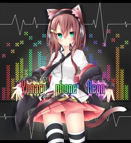 Anime picture 1000x1090 with original yonari phone neon chabaneko single long hair tall image looking at viewer blush blue eyes brown hair animal ears cat ears cat tail girl thighhighs skirt miniskirt shirt necktie headphones