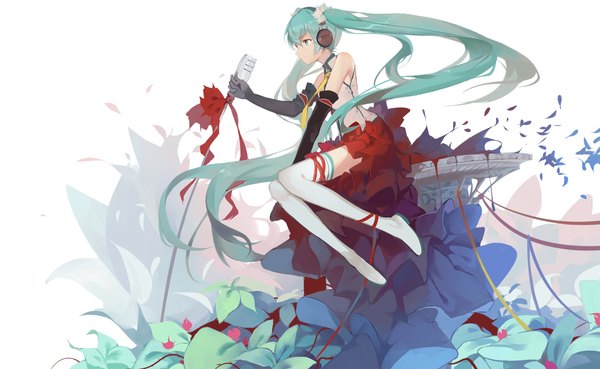 Anime picture 2100x1294 with vocaloid hatsune miku huanxiang heitu single highres wide image sitting twintails looking away very long hair aqua eyes aqua hair girl thighhighs dress gloves flower (flowers) ribbon (ribbons) white thighhighs elbow gloves