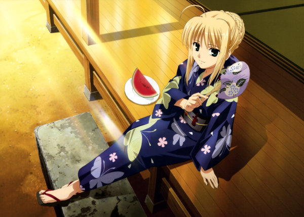 Anime picture 5188x3710 with fate (series) fate/stay night studio deen type-moon artoria pendragon (all) saber single highres sitting ahoge japanese clothes arm support animal print butterfly print girl yukata veranda