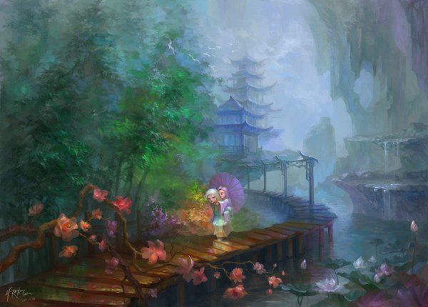 Anime picture 1394x1000 with hrfleur long hair holding signed purple hair white hair eyes closed traditional clothes couple landscape river waterfall architecture east asian architecture girl boy flower (flowers) plant (plants) animal tree (trees)