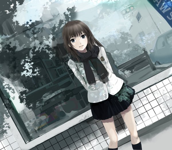 Anime picture 2240x1956 with original doraragi single long hair looking at viewer highres blue eyes brown hair pleated skirt light smile reflection hands behind back girl skirt miniskirt socks jacket window scarf black socks