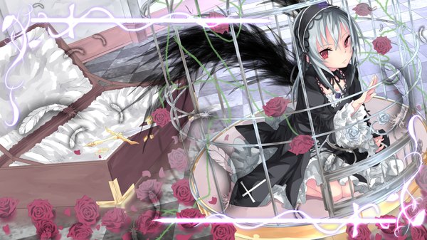 Anime picture 1920x1080 with rozen maiden suigintou saraki long hair highres red eyes wide image silver hair goth-loli girl dress flower (flowers) weapon sword wings feather (feathers) cage