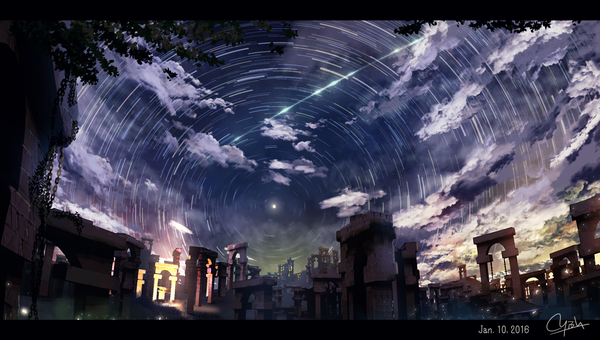 Anime picture 1500x850 with original waisshu (sougyokyuu) wide image signed sky cloud (clouds) dated letterboxed no people landscape ruins shooting star plant (plants) tree (trees) star (stars)