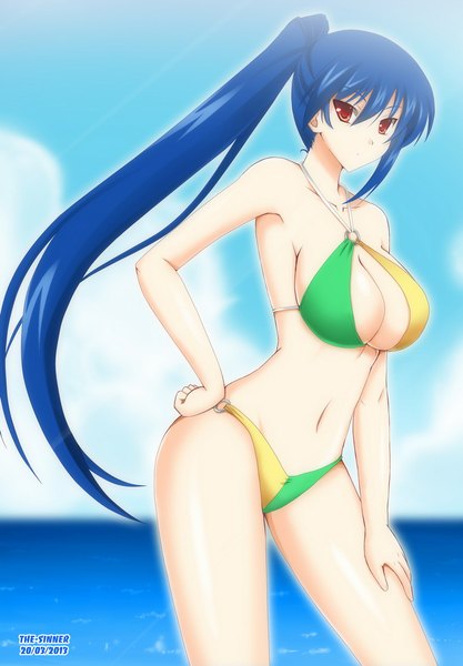 Anime picture 800x1150 with original akatsuki shigure (original) the-sinner single long hair tall image breasts light erotic red eyes large breasts blue hair ponytail hand on hip girl navel swimsuit bikini