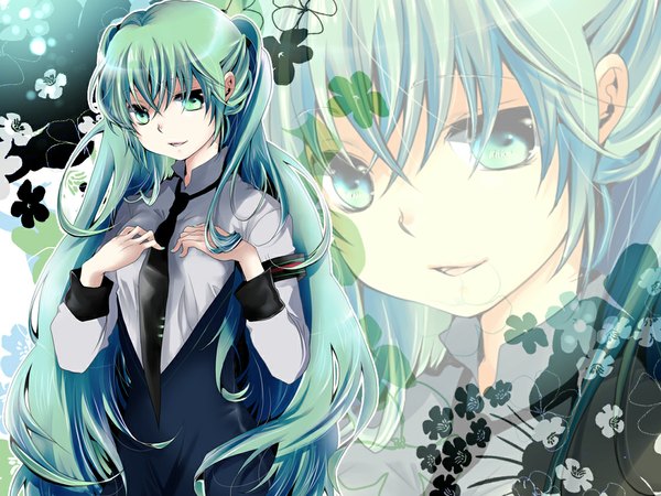 Anime picture 1102x827 with vocaloid hatsune miku shinri ibitsu single long hair smile green eyes green hair off shoulder girl necktie overalls