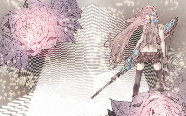 Anime picture 1230x768 with vocaloid megurine luka 138 (artist) single wide image pink hair very long hair girl thighhighs flower (flowers) weapon black thighhighs shorts headphones rose (roses) gun
