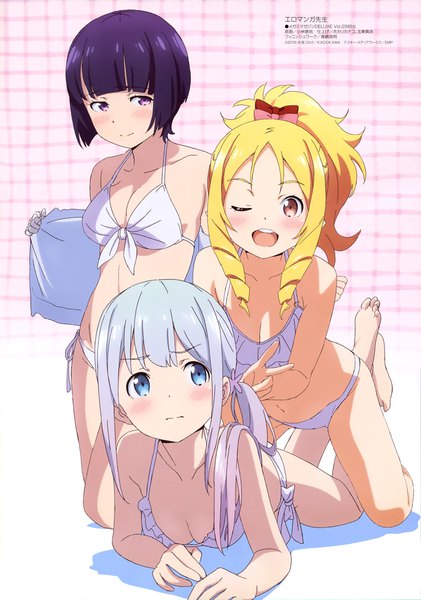 Anime picture 2867x4086 with eromanga sensei a-1 pictures izumi sagiri yamada elf senju muramasa kobayashi keisuke long hair tall image blush fringe highres short hair breasts open mouth blue eyes light erotic blonde hair red eyes purple eyes multiple girls