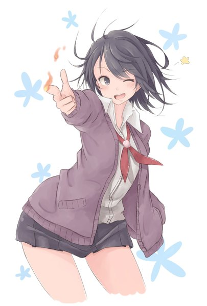 Anime picture 1040x1540 with original rutchifu single tall image blush short hair open mouth black hair standing eyes closed pleated skirt one eye closed wink grey eyes leaning leaning forward outstretched arm floral print happy open collar