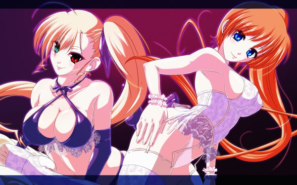 Anime picture 2560x1600 with mahou shoujo lyrical nanoha takamachi nanoha takamachi vivio tappa (esperanza) long hair looking at viewer highres breasts blue eyes light erotic blonde hair smile large breasts multiple girls orange hair heterochromia side ponytail girl thighhighs underwear