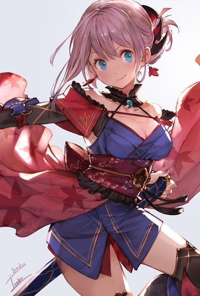 Anime picture 1300x1925 with fate (series) fate/grand order miyamoto musashi (fate) aka tonbo (lovetow) single tall image fringe short hair breasts blue eyes simple background smile hair between eyes large breasts standing bare shoulders payot looking away pink hair cleavage