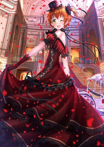 Anime picture 1018x1440 with love live! school idol project sunrise (studio) love live! hoshizora rin swordsouls single tall image blush short hair open mouth green eyes one eye closed wink orange hair girl dress gloves hat petals