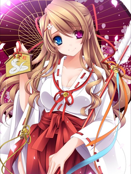 Anime picture 980x1300 with original moneti (daifuku) single long hair tall image looking at viewer blush smile brown hair traditional clothes heterochromia miko new year 2013 girl umbrella bell jingle bell arrow (arrows) ema