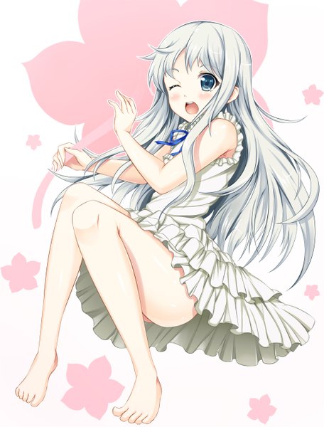 Anime picture 1017x1337 with ano hi mita hana no namae wo bokutachi wa mada shiranai a-1 pictures honma meiko hinata sora single long hair tall image blush open mouth blue eyes white hair one eye closed barefoot wink bare legs girl dress sundress