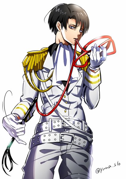 Anime picture 849x1200 with shingeki no kyojin production i.g levi (rivaille) yuna (rutera) single tall image looking at viewer short hair black hair simple background white background black eyes inscription boy belt whip