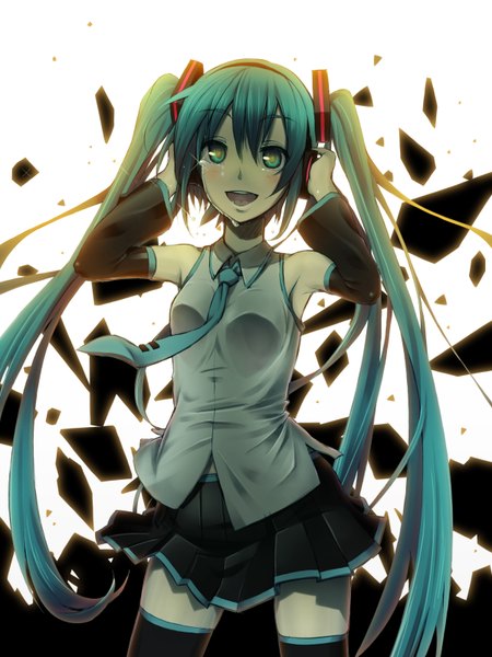 Anime picture 1200x1600 with vocaloid hatsune miku single long hair tall image open mouth white background twintails aqua eyes aqua hair tears girl thighhighs skirt detached sleeves miniskirt necktie headphones