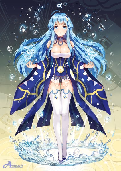Anime picture 900x1273 with original dangmill single long hair tall image blush blue eyes blue hair cleavage girl thighhighs dress detached sleeves white thighhighs water bubble (bubbles)