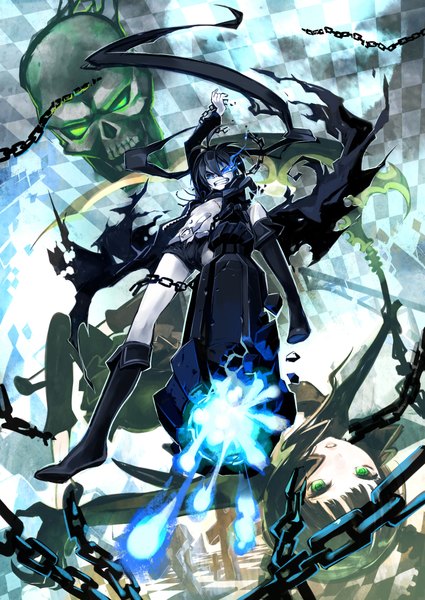 Anime picture 2814x3975 with black rock shooter black rock shooter (character) dead master gin (oyoyo) long hair tall image highres short hair blue eyes black hair twintails multiple girls green eyes glowing scar glowing eye (eyes) checkered girl weapon 2 girls