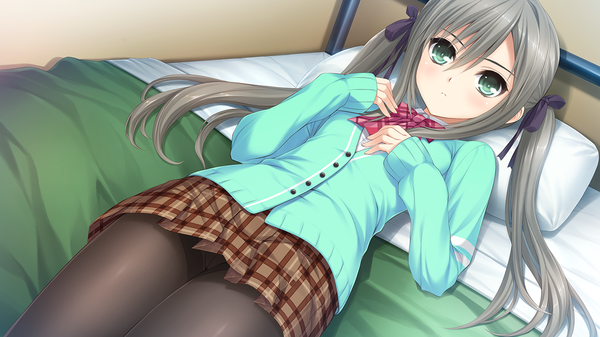 Anime picture 1280x720 with semiramis no tenbin inei fumika norita single long hair looking at viewer blush light erotic wide image twintails green eyes game cg lying grey hair on back loli hand on chest cameltoe girl skirt