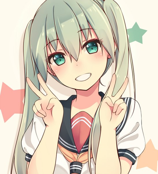 Anime picture 1300x1426 with vocaloid hatsune miku hiiragi hajime single long hair tall image looking at viewer blush fringe smile twintails aqua eyes aqua hair victory happy clenched teeth girl uniform serafuku star (symbol)