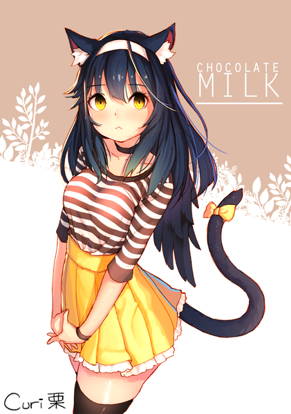 Anime picture 720x1027 with original kuri choko single long hair tall image looking at viewer blush fringe breasts black hair hair between eyes large breasts standing signed animal ears yellow eyes tail animal tail pleated skirt cat ears