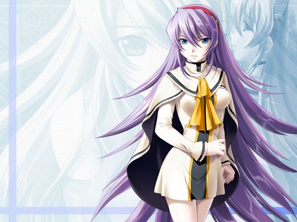 Anime picture 1600x1200 with answer dead kurusu miki single purple hair very long hair aqua eyes wallpaper girl hairband cape