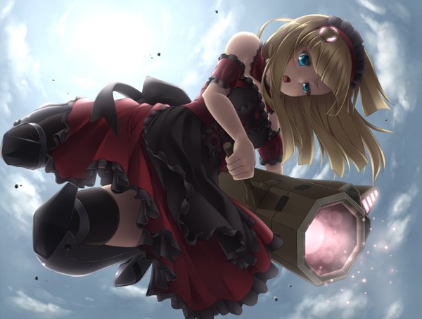 Anime picture 1282x970 with original sasaame single long hair looking at viewer open mouth blue eyes blonde hair bare shoulders girl thighhighs dress weapon black thighhighs frills headdress