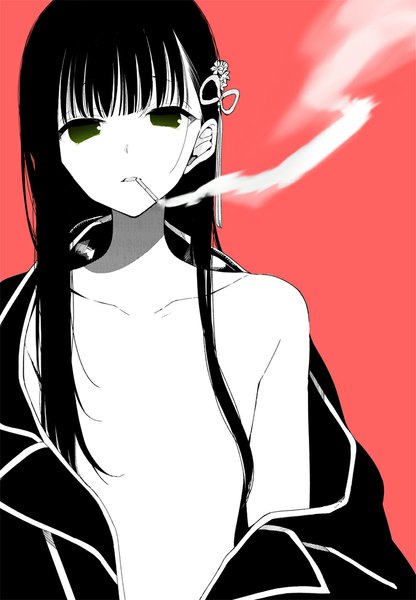 Anime picture 750x1082 with original mukuro (sakiyo cake) sakiyo cake single long hair tall image looking at viewer fringe light erotic black hair simple background green eyes smoke red background otoko no ko white skin boy hair ornament cigarette