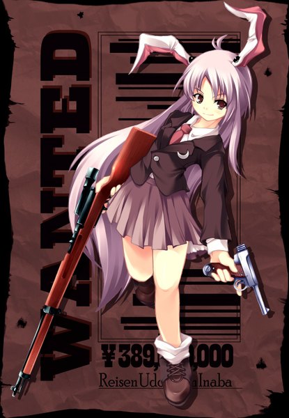 Anime picture 1037x1500 with touhou reisen udongein inaba tagme (artist) long hair tall image looking at viewer smile animal ears looking away purple hair ahoge pleated skirt bare legs bunny ears posing wanted girl skirt weapon miniskirt