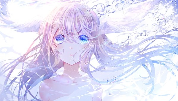 Anime picture 1500x851 with original tlla (artist) single long hair looking at viewer blush fringe blue eyes blonde hair hair between eyes wide image bare shoulders parted lips floating hair topless underwater crying head wings girl wings