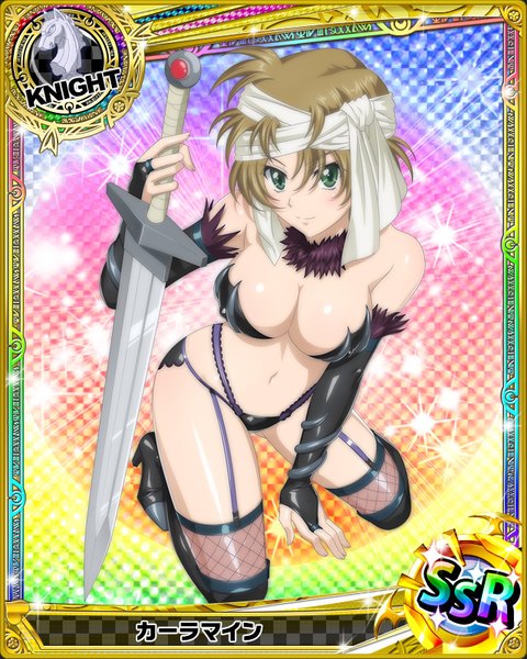 Anime picture 640x800 with highschool dxd single tall image looking at viewer short hair breasts blue eyes light erotic brown hair bare shoulders card (medium) girl thighhighs navel underwear panties weapon detached sleeves sword fishnet stockings