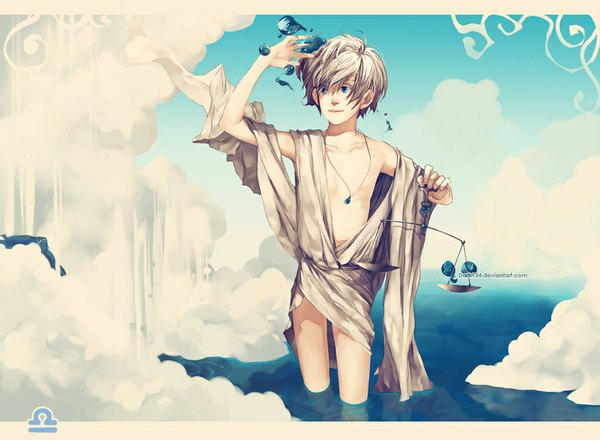 Anime picture 1050x770 with original dark134 single short hair blue eyes standing signed looking away sky cloud (clouds) white hair zodiac libra (zodiac) boy sea pendant cape