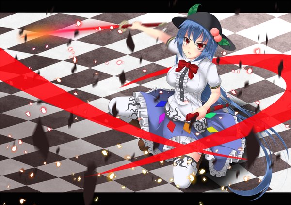 Anime picture 1500x1060 with touhou hinanawi tenshi gmot single looking at viewer red eyes blue hair very long hair checkered floor girl thighhighs dress weapon hat white thighhighs sword katana hisou no tsurugi