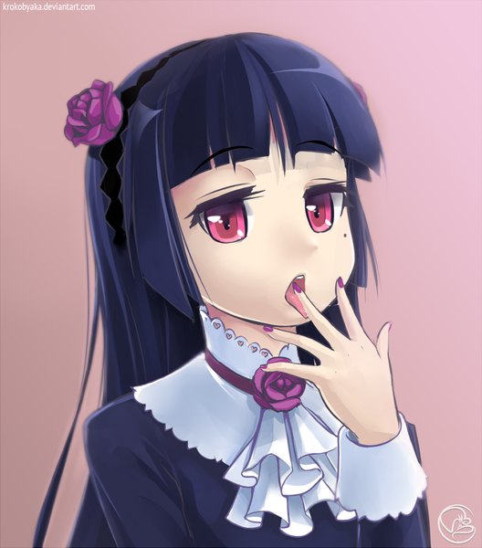 Anime picture 880x1000 with ore no imouto ga konna ni kawaii wake ga nai gokou ruri krokobyaka single long hair tall image looking at viewer fringe open mouth simple background blue hair blunt bangs long sleeves nail polish pink eyes hair flower fingernails mole mole under eye shaded face