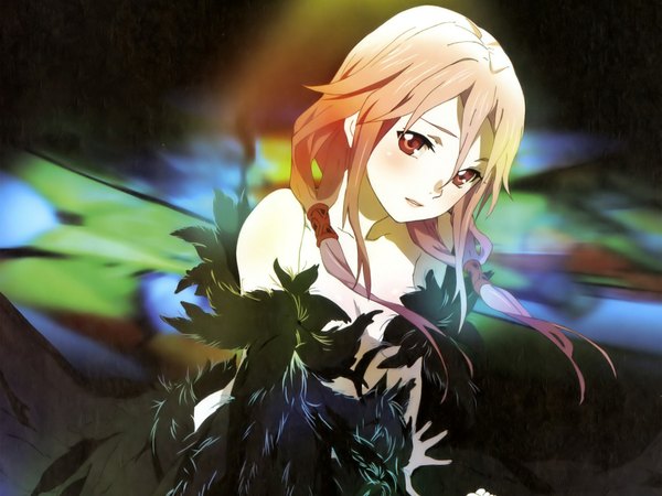 Anime picture 2048x1536 with guilty crown production i.g yuzuriha inori single long hair blush highres red eyes bare shoulders pink hair girl feather (feathers)