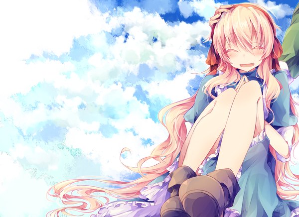 Anime picture 1600x1163 with kagerou project shaft (studio) mary (kagerou project) seto kousuke nyowaa417 blonde hair sitting sky cloud (clouds) eyes closed very long hair fingernails legs hand on hip happy wavy hair ^ ^ girl dress boy