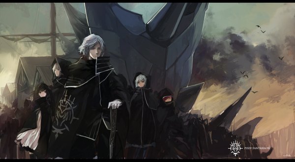 Anime picture 3000x1650 with original pixiv fantasia pixiv fantasia fallen kings paradise (character) swd3e2 long hair looking at viewer highres blue eyes black hair wide image multiple girls brown eyes signed silver hair red hair grey eyes scenic logo girl
