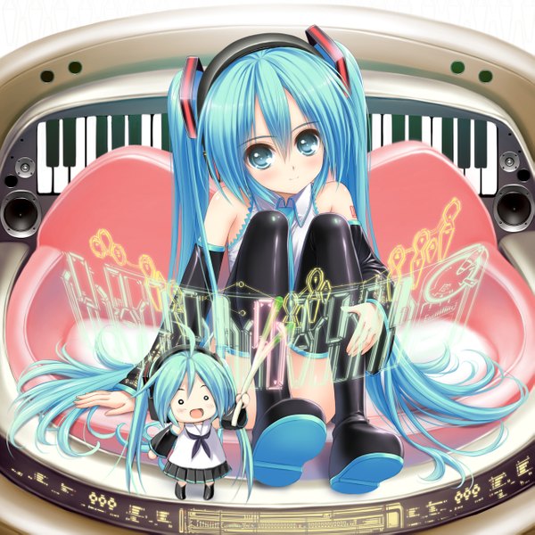 Anime picture 1285x1285 with vocaloid hatsune miku norita looking at viewer sitting twintails very long hair aqua eyes aqua hair girl thighhighs black thighhighs detached sleeves musical instrument keyboard (instrument) synthesizer