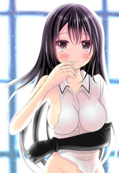 Anime picture 689x1000 with kantai collection chikuma heavy cruiser yuzukaze rio single long hair tall image looking at viewer blush breasts light erotic black hair brown eyes girl gloves elbow gloves
