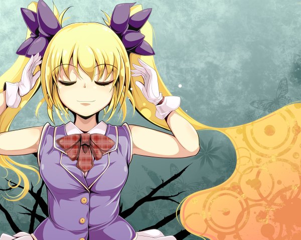 Anime picture 1200x961 with original ichirino minagi single long hair blonde hair twintails eyes closed girl gloves bowtie