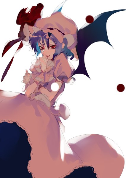 Anime picture 2149x3035 with touhou remilia scarlet tian (my dear) single tall image highres short hair simple background smile hair between eyes red eyes white background purple hair puffy sleeves finger to mouth looking down bat wings girl dress wings