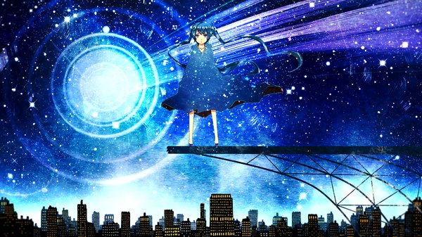 Anime picture 2400x1350 with vocaloid hatsune miku hao (patinnko) long hair fringe highres wide image standing twintails looking away sky aqua eyes aqua hair alternate costume city cityscape city lights girl building (buildings) star (stars)