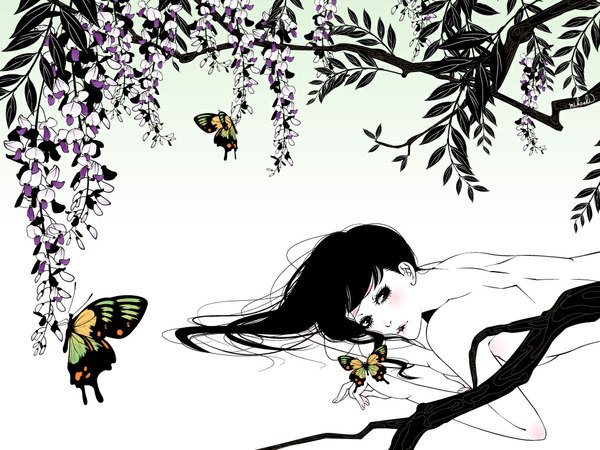 Anime picture 1048x787 with original mihoshi (artist) single long hair blush blue eyes black hair lying back girl flower (flowers) plant (plants) insect butterfly